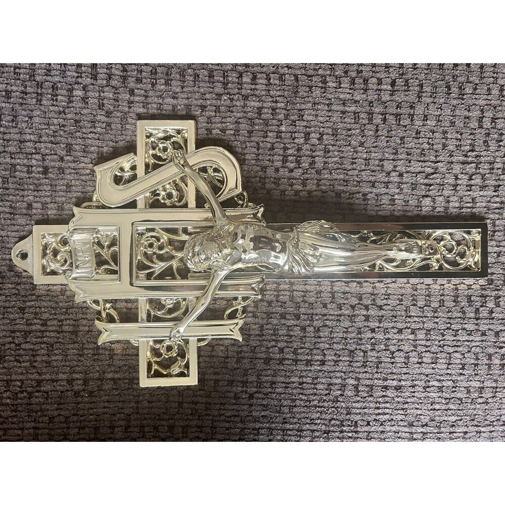 Vintage Inri IHS Ornate Gold Finish Heavy Brass Holy Cross Jesus Crucifix